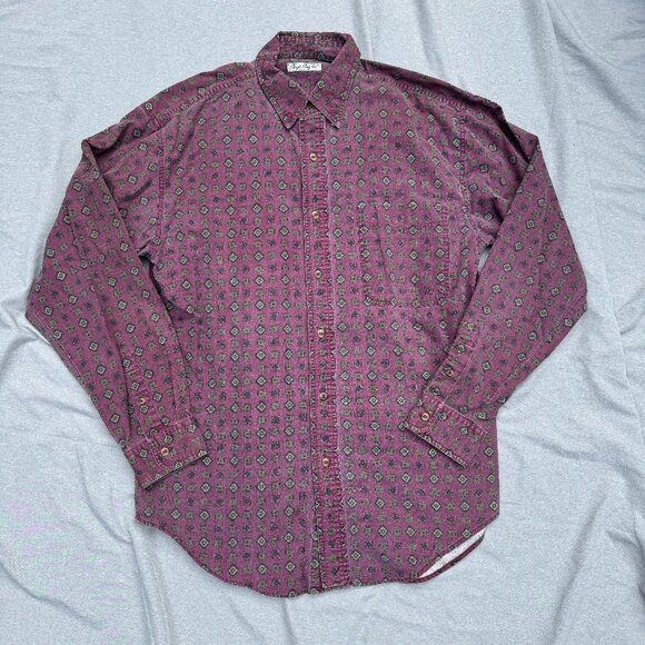 Vintage Bugle Boy Mens Shirt Large Button Down Long Sleeve Diamond Red Print - Picture 1 of 3